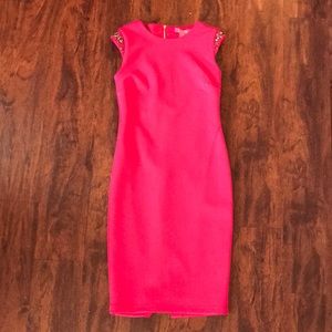 Catherine hot pink fitted dress with jewels.
